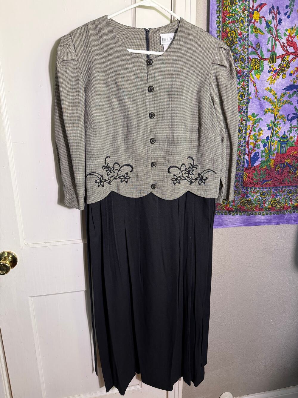 Vintage 90s Miss Dorby Dress 18 Houndstooth Embroidered Pleated Black Midi